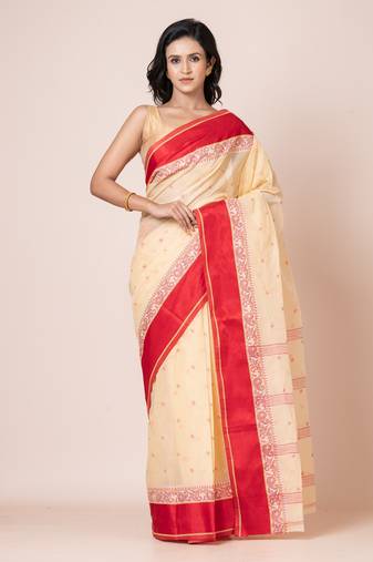 Puku pure cotton tant tangail saree with satin border without blouse fabric