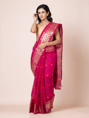 Puku pure cotton tant tangail saree with zari work without blouse fabric 1