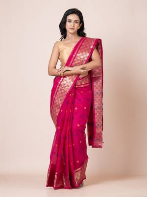 Puku pure cotton tant tangail saree with zari work without blouse fabric 2