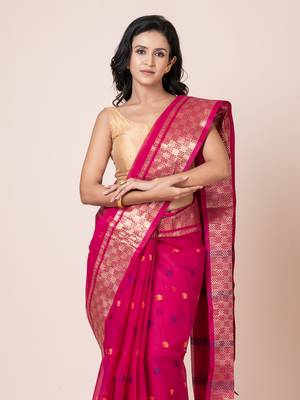 Puku pure cotton tant tangail saree with zari work without blouse fabric 3
