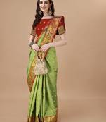 Lime green woven banarasi art silk zari work saree