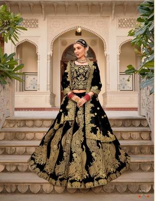 INDIAN WEDDING BRIDAL WEAR BLACK VELVET LEHENGA CHOLI EMBROIDERY WORK 1