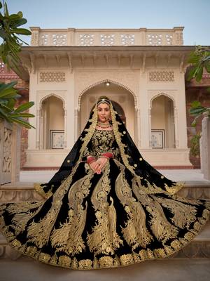 INDIAN WEDDING BRIDAL WEAR BLACK VELVET LEHENGA CHOLI EMBROIDERY WORK 3