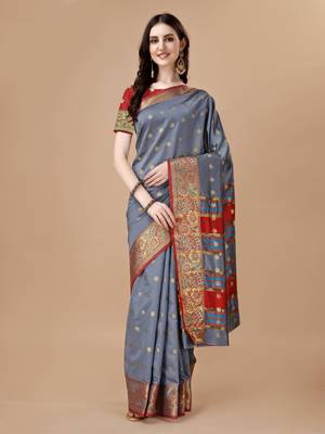 Grey woven banarasi art silk zari work saree 1