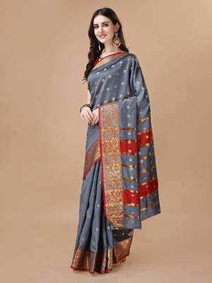 Grey woven banarasi art silk zari work saree 2