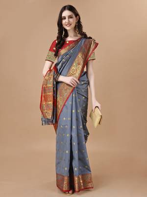 Grey woven banarasi art silk zari work saree 4