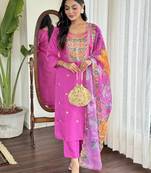 Rani pink viscose chanderi heavy thread embroidery sequins work kurta pant set
