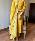 Mustard viscose chanderi heavy thread embroidery work with jacquard woven dupatta kurta pant set