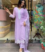 Lavender georgette heavy thread embroidery work kurta pant set