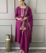 Magenta viscose chanderi heavy thread embroidery work kurta pant set