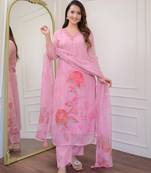 Light pink premium organza printed with thread embroidery work kurta pant set