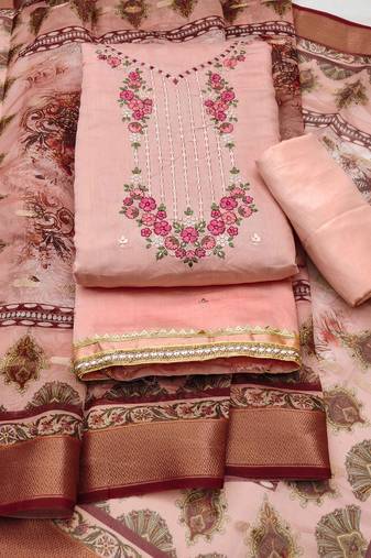 Peach Roman silk blend Chanderi Unstitched Dress Material