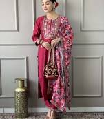 Rani pink viscose chanderi heavy thread embroidery work with printed dupatta kurta pant set