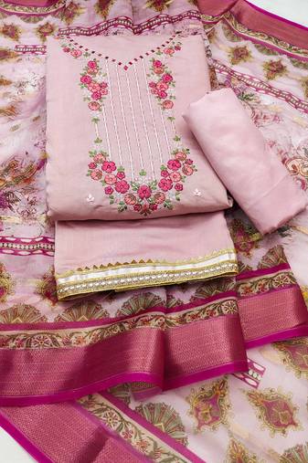 Pink Roman silk blend Chanderi Unstitched Dress Material
