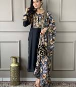 Black viscose chanderi heavy thread embroidery work with printed dupatta kurta pant set