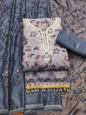 Grey Organza Hand Work Unstitched Dress Material 1