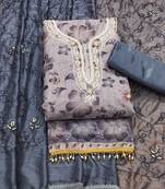 Grey Organza Hand Work Unstitched Dress Material