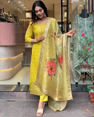 Mustard viscose woven thread embroidery Kurta Pant With Dupatta 1
