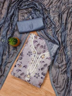 Grey Organza Hand Work Unstitched Dress Material 2