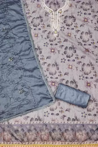 Grey Organza Hand Work Unstitched Dress Material