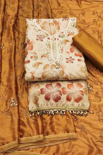 Mustard Organza Hand Work Unstitched Dress Material