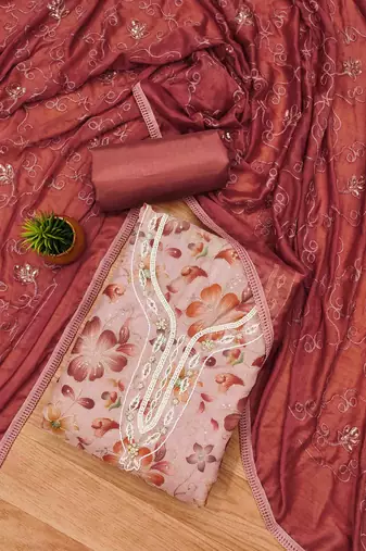 Peach Organza Hand Work Unstitched Dress Material
