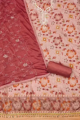 Peach Organza Hand Work Unstitched Dress Material