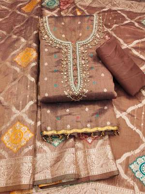 Brown Shimmer Jacquard Hand Work Unstitched Dress Material 1