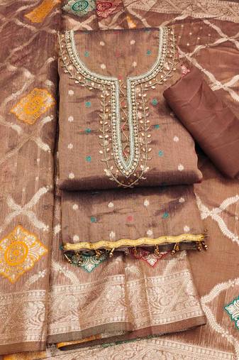 Brown Shimmer Jacquard Hand Work Unstitched Dress Material