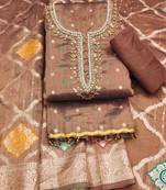 Brown Shimmer Jacquard Hand Work Unstitched Dress Material