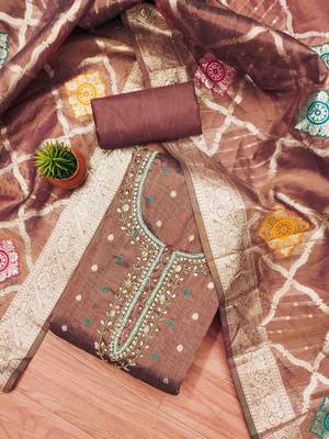 Brown Shimmer Jacquard Hand Work Unstitched Dress Material 2