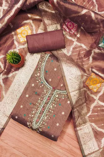 Brown Shimmer Jacquard Hand Work Unstitched Dress Material