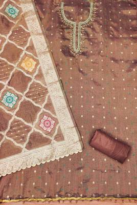 Brown Shimmer Jacquard Hand Work Unstitched Dress Material 3