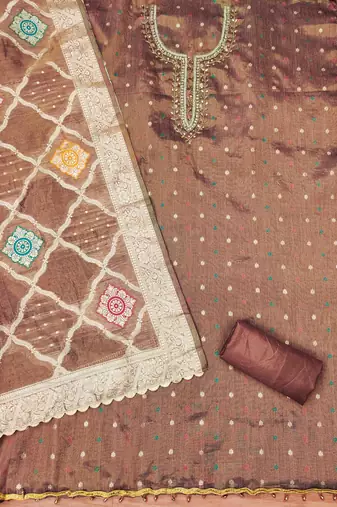 Brown Shimmer Jacquard Hand Work Unstitched Dress Material
