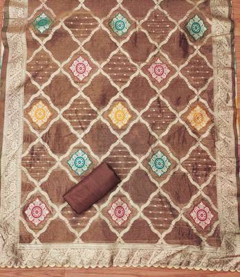 Brown Shimmer Jacquard Hand Work Unstitched Dress Material 4
