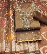 Coffee Shimmer Jacquard Hand Work Unstitched Dress Material