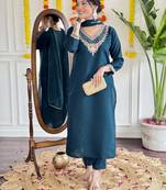 Blue viscose chanderi heavy thread embroidery work kurta pant set