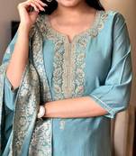 Grey viscose chanderi heavy thread embroidery work with jacquard woven dupatta kurta pant set