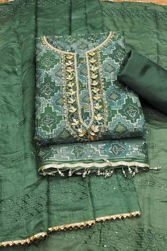 Green Organza Hand Work Unstitched Dress Material