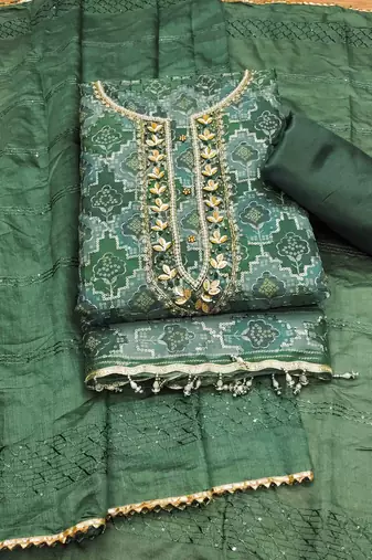 Green Organza Hand Work Unstitched Dress Material