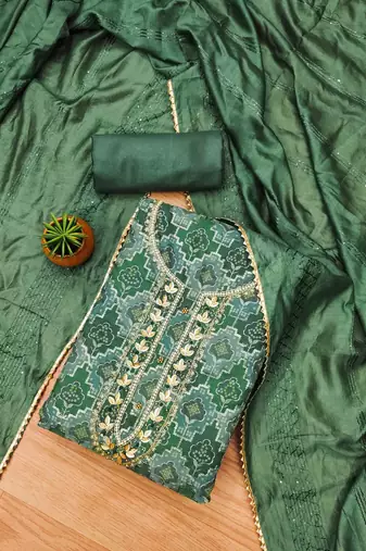 Green Organza Hand Work Unstitched Dress Material