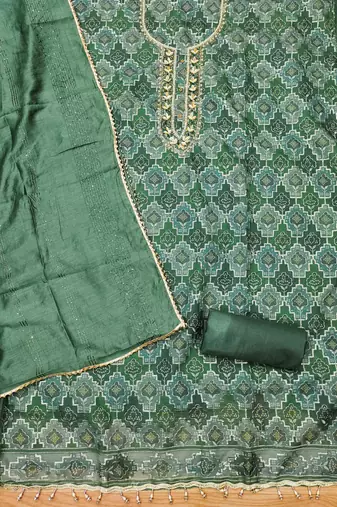 Green Organza Hand Work Unstitched Dress Material