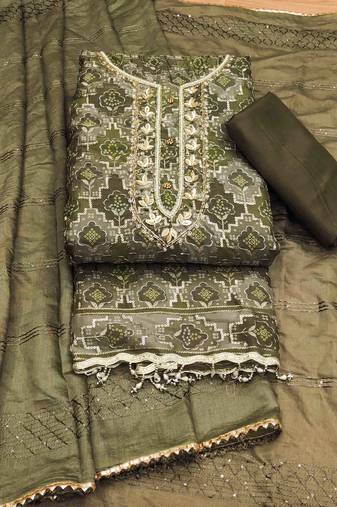 Mehndi Organza Hand Work Unstitched Dress Material