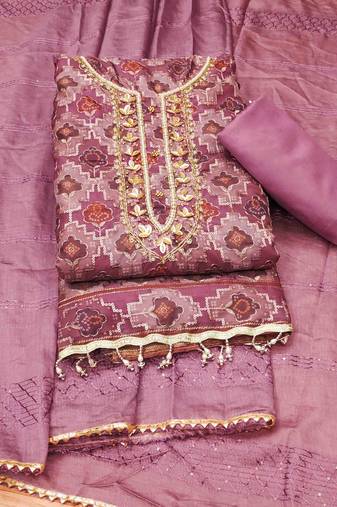 Onion Organza Hand Work Unstitched Dress Material