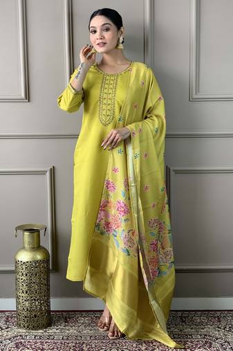 Lemon viscose chanderi heavy thread embroidery work with printed dupatta kurta pant set
