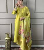 Lemon viscose chanderi heavy thread embroidery work with printed dupatta kurta pant set