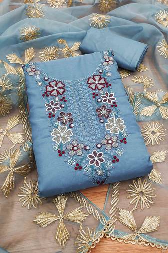 Blue Soft Organza Embroidered Unstitched Dress Material
