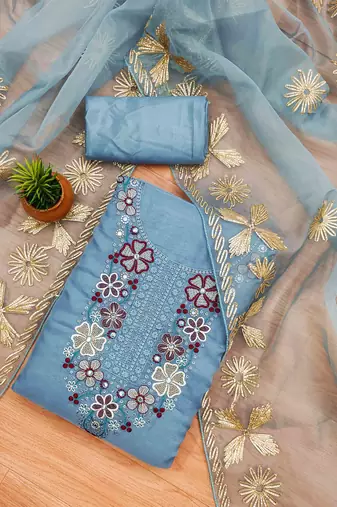 Blue Soft Organza Embroidered Unstitched Dress Material