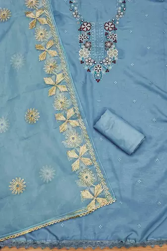 Blue Soft Organza Embroidered Unstitched Dress Material