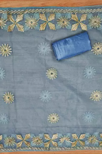 Blue Soft Organza Embroidered Unstitched Dress Material